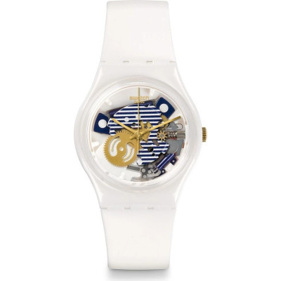 Swatch MARINIERE GW169 – Αναλογικό Ρολόι Unisex με Διάφανο Καντράν και Μπλε-Λευκές Ρίγες